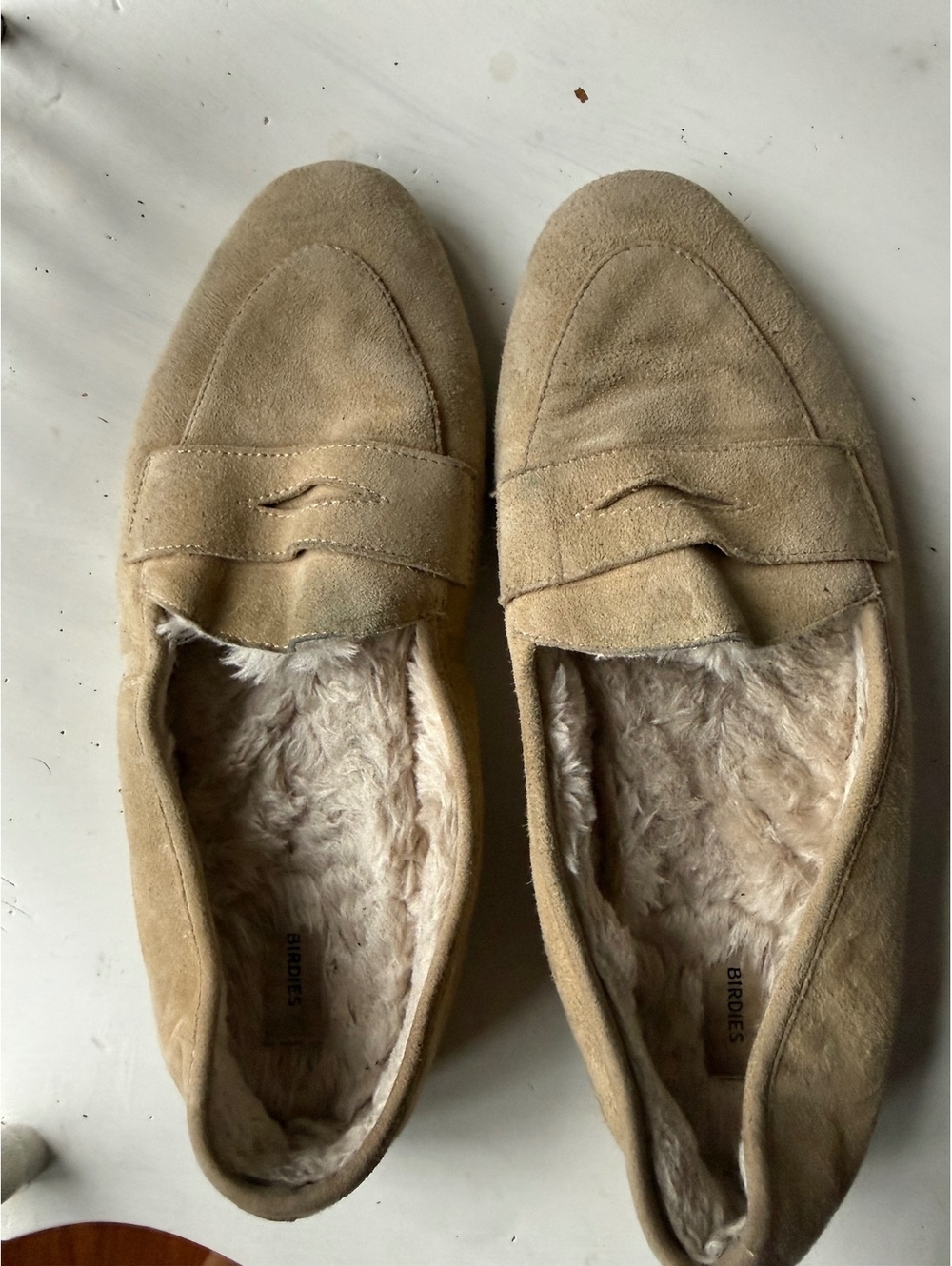Birdies Beige Suede Loafers with Faux Fur Lining, Size 8.5